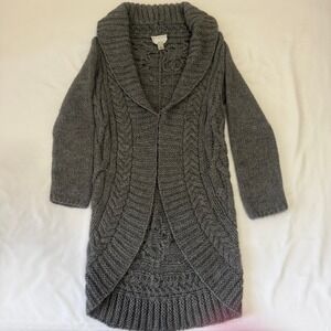 TALBOTS LADIES‎ CABLE KNIT OPEN FRONT LONG CARDIGAN SWEATER GRAY SIZE MEDIUM